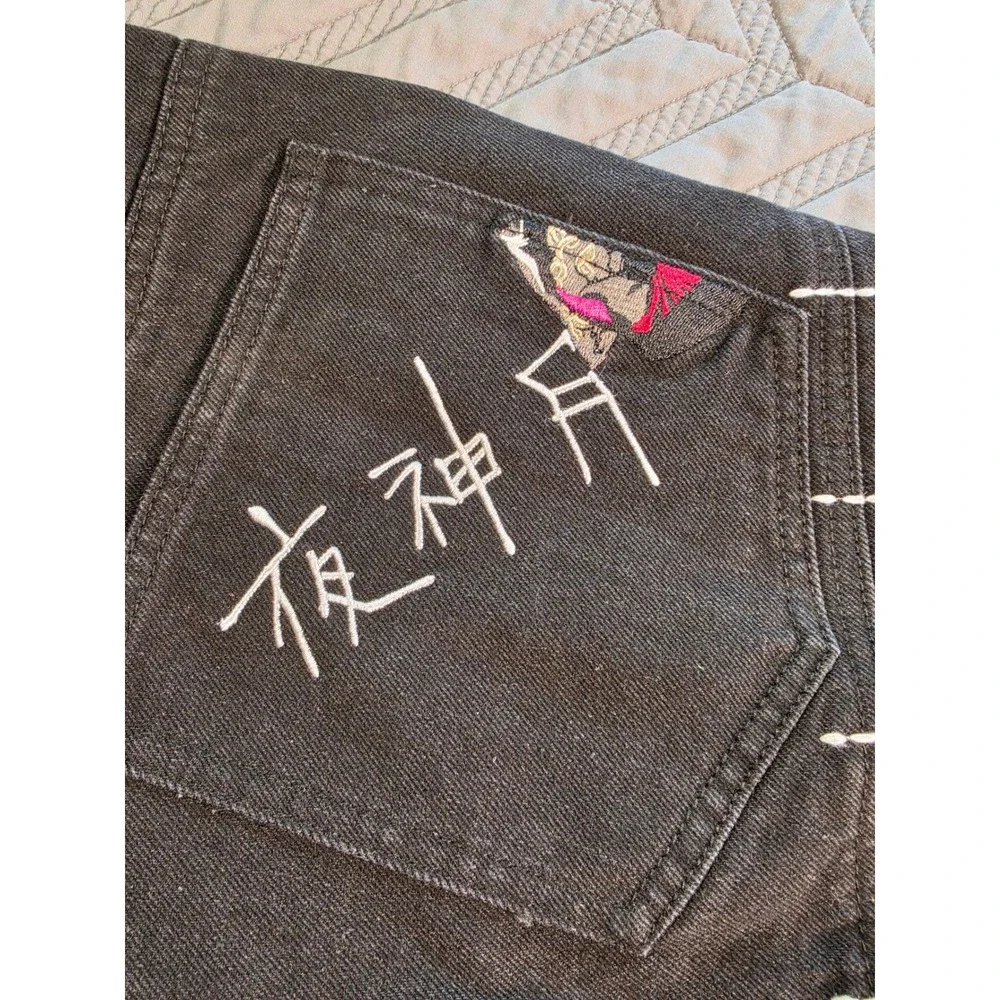 Sora Cruel Fate Distressed Cargo Pants Black Denim Heart Embroidery Mens Large